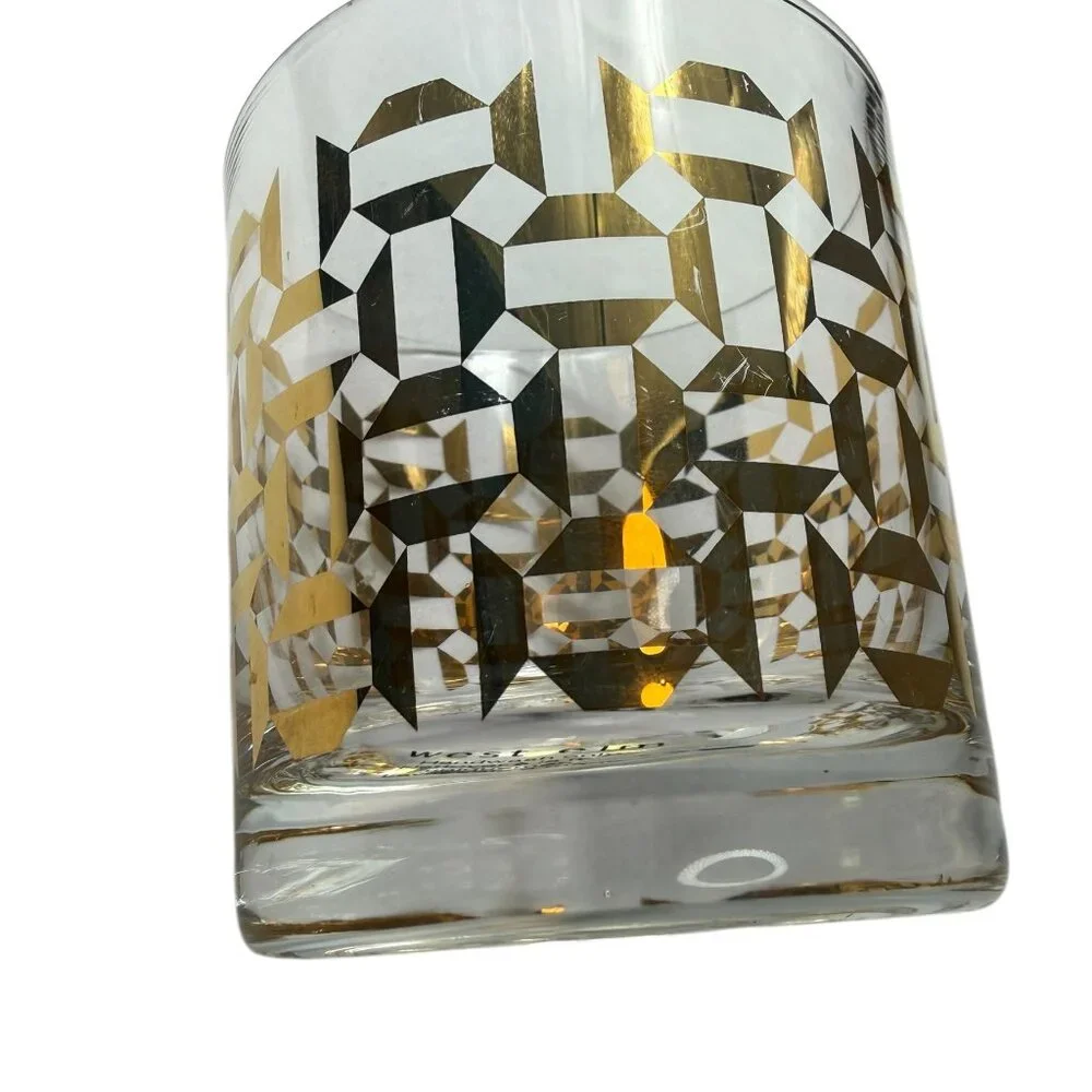 WEST ELM Whiskey Glass Rocks Gold Geometric Pattern. Retro 1960s